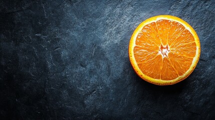 Wall Mural - Fresh Orange Slice on Dark Background - A single orange slice on a dark slate background, symbolizing freshness, vitality, citrus, healthy eating, and natural beauty.