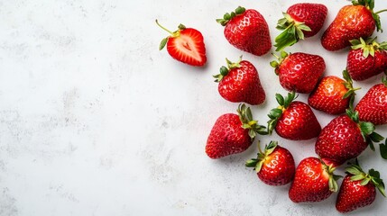 Poster - Fresh Red Strawberries on White Background - A group of fresh strawberries, some whole and one sliced, arranged on a white surface, showcasing their vibrant red color and juicy texture.