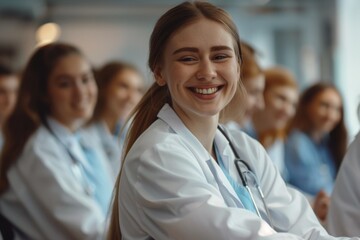 Wall Mural - Portrait of a young smiling female doctor at meeting