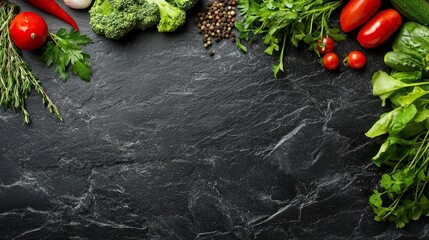 Wall Mural - Fresh Vegetables and Herbs Border on Black Slate Background - A black slate background with fresh vegetables and herbs arranged on the edges, representing healthy eating, culinary creativity, and a cl