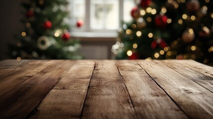 Empty wood table with christmas tree in the background copy space