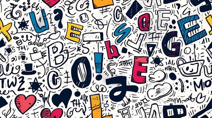 Poster - A seamless doodle pattern featuring a chaotic mix of letters and numbers in different fonts and sizes, scattered throughout the design, vibrant colors, on a white background, fun and whimsical,