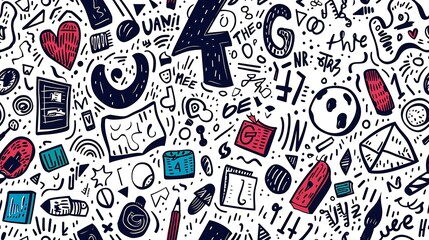 Poster - A seamless doodle pattern featuring a chaotic mix of letters and numbers in different fonts and sizes, scattered throughout the design, vibrant colors, on a white background, fun and whimsical,