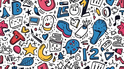 Poster - A seamless doodle pattern featuring a chaotic mix of letters and numbers in various playful fonts, scattered randomly across the design, vibrant colors, on a white background,