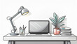 © thoif - Modern Home Office Desk with Laptop, Lamp, Plant and Books