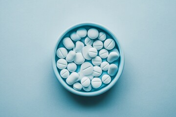 Sticker - Minimalistic bowl of white pills on a light blue background representing the simplicity and cleanliness of modern healthcare and pharmaceutical treatments