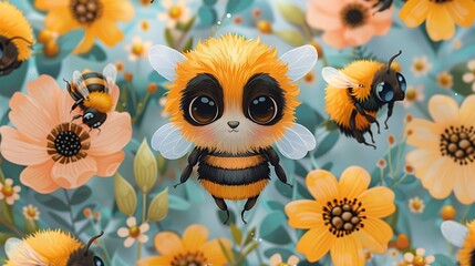 A seamless pattern of adorable cartoon bees buzzing around flowers and honeycombs, bright yellows and blues, delicate wings, soft flower petals, and glowing sunlight, hd quality, natural look.