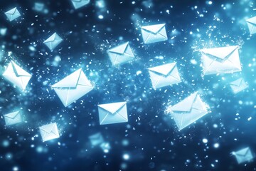 glowing blue email envelopes floating in a digital sky - the image depicts a concept of digital comm