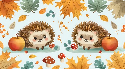 Wall Mural - A seamless pattern of adorable cartoon hedgehogs rolling around with red apples and spotted mushrooms, surrounded by autumn leaves, warm earthy tones, detailed fur and leaf textures, soft sunlight,