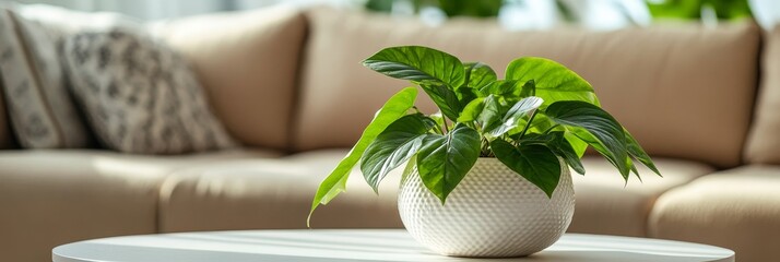 Wall Mural - Lush Green Houseplant on Coffee Table in Modern Living Room - A vibrant green houseplant in a white pot sits on a coffee table in front of a modern beige sofa, symbolizing interior design, home decor,