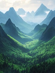 Canvas Print - Majestic Mountain Range with Lush Green Foliage - A breathtaking view of a mountain range with lush green forests, showcasing the beauty of nature, tranquility, and the vastness of the outdoors.