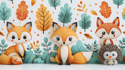 Wall Mural - A seamless pattern of adorable woodland creatures like foxes, owls, and hedgehogs, exploring an autumn forest, rich earthy tones, detailed leaf textures, soft golden light, hd quality, natural look.