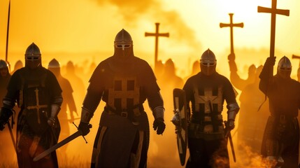 Historical reenactors dressed as knights march through a sunlit field, wielding swords and shields, as they recreate a medieval battle scene during dusk