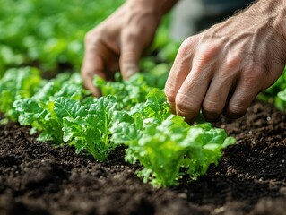 closeup of farmers weathered hand gently planting young lettuce seedling rich soil and soft natural light emphasizing connection to earth and sustainable agriculture