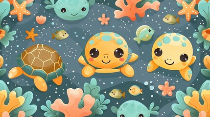 Wall Mural - A seamless pattern of charming cartoon fish, turtles, and starfish, swimming in a vibrant coral reef, bright blues and corals, intricate textures, soft lighting, hd quality, natural look.