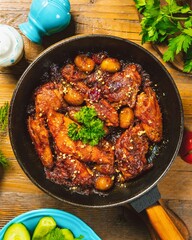 Appetizing chicken wings with potatoes roasting in pan on rustic wooden table