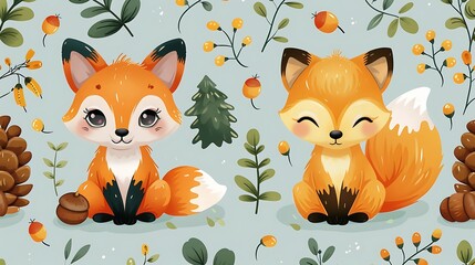 Wall Mural - A seamless pattern of charming cartoon foxes and squirrels playing in a dense forest, with pine trees, acorns, and pinecones, vibrant greens and browns, dynamic poses, hd quality, natural look.