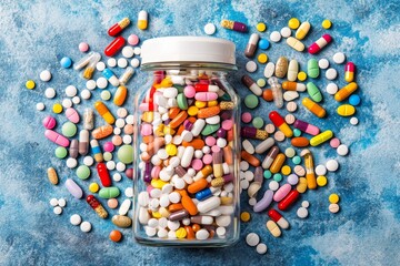 Wall Mural - Top View of a Jar Overflowing with Colorful Pills on a Blue Background Representing Abundance in Medicine and Healthcare