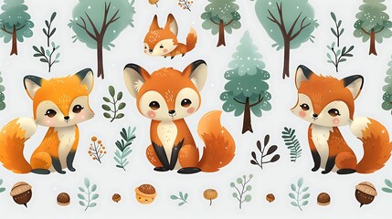 Wall Mural - A seamless pattern of charming cartoon foxes and squirrels playing in a dense forest, with pine trees, acorns, and pinecones, vibrant greens and browns, dynamic poses, hd quality, natural look.