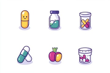 Sticker - Minimalist and Cute Pill and Medicine Bottle Icons on a White Background for Simple and Effective Healthcare Representation