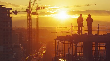 silhouette of a building with construction workers on an orange sunset