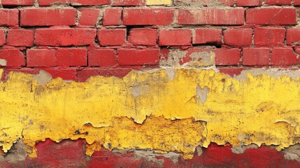 Sticker - Red Brick Wall with Peeling Yellow Paint - A close-up view of a red brick wall with peeling yellow paint. The paint is flaking off, revealing the underlying brick. This image symbolizes:  renovation, 