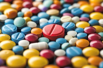 Wall Mural - Single Red Pill in a Sea of Colorful Capsules in a Close Up Shot Representing Individuality and Uniqueness in Healthcare