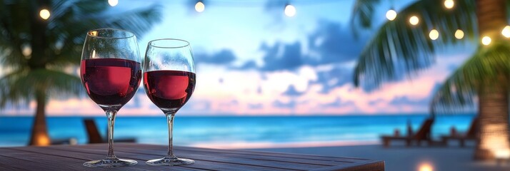 Canvas Print - Romantic Sunset Wine Toast on the Beach - Two glasses of red wine on a wooden table overlooking a beautiful sunset beach with palm trees and string lights, symbolizing romance, relaxation, vacation, a