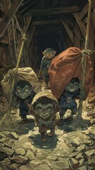 A gang of three goblins stealthily escapes with loot from a secret treasure trove in an underground mine