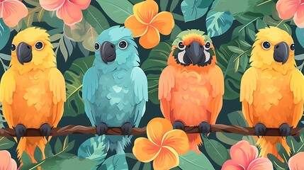 Wall Mural - A seamless pattern of colorful cartoon birds like parrots and toucans, perched among tropical leaves and flowers, bright greens, detailed feathers, soft sunlight filtering through leaves, hd quality,