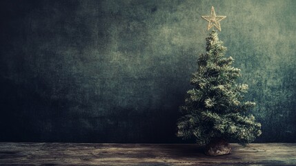 Canvas Print - Rustic Christmas Tree with Star on Wooden Surface - A rustic Christmas tree with a golden star on top stands on a wooden surface against a dark green background. It symbolizes tradition, hope, celebra