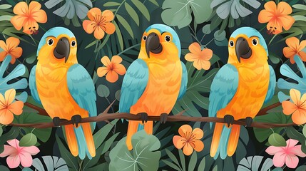 Wall Mural - A seamless pattern of colorful cartoon toucans and parrots perched on branches with tropical blossoms, surrounded by lush greenery, bright and bold colors, detailed feather and floral textures,