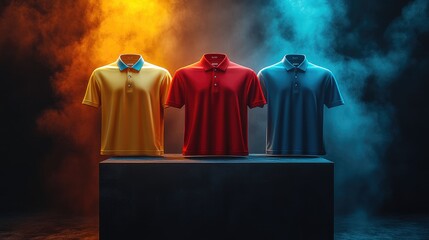 Mock up 3D red,green,blue,white,yellow polo shirts on a black background podium with light smoke