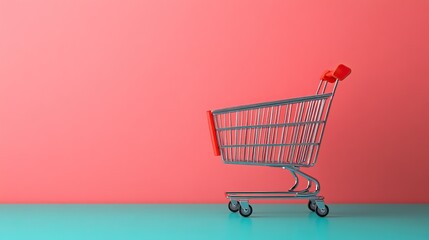 A vibrant shopping cart stands against a colorful backdrop, symbolizing retail, shopping, and consumerism.