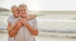 © Lumeez23/peopleimages.com - Love, beach and portrait of senior couple at water with bonding holiday, waves and island travel. Nature, man and woman on romantic ocean date together with smile, care and retirement vacation mockup