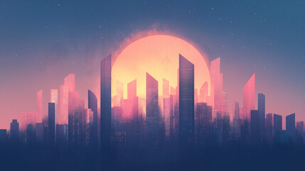 Sticker - futuristic cityscape with glowing neon lights