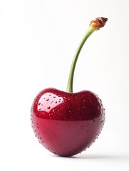 Sticker - Single Red Cherry with Dew Drops - A single, ripe red cherry with dew drops on its skin, showcasing its vibrant color and juicy texture. The cherry is isolated against a white background, highlighting