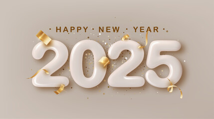 Wall Mural - Happy New Year 2025. Realistic 3d number with falling confetti on bright background