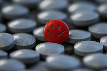 Wall Mural - Single Red Capsule Among Blue Pills in a Close Up Shot Representing Uniqueness and Individuality in Healthcare