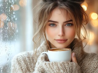 Canvas Print - cozy hygge moment young woman enjoying coffee by frosted window soft sweater warm light serene expression conveying contentment and mindfulness