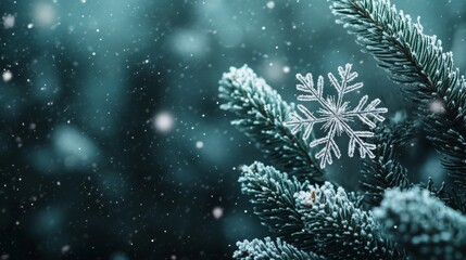 Poster - Winter Wonderland: Snowflakes on a Pine Branch - A delicate snowflake rests on a frosted pine branch, symbolizing winter, nature, beauty, peace, and the magic of the season.