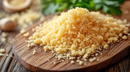 close-up of fresh, golden breadcrumbs scattered on a wooden cutting board, showcasing their texture and readiness for use in cooking or baking.