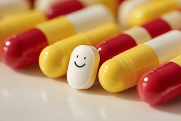 Sticker - Minimalist White Capsule with a Smile Among Red and Yellow Capsules Representing Individuality and Positivity in Healthcare