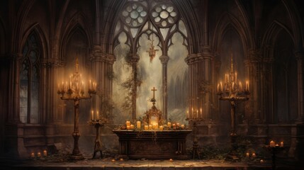 Candle-lit gothic altar, shrouded in mystery, ancient church, Watercolor style