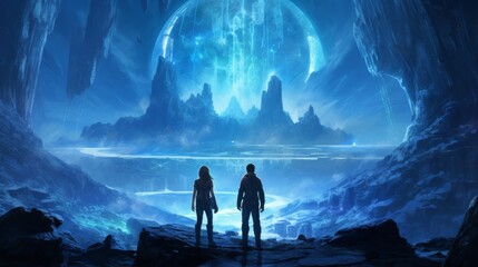 Wall Mural - A Dreamy Fantasy Landscape with Two Figures Gazing at a Distant Planet