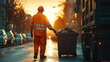 © Lamina - sanitation worker emptying trash bins into a garbage truck, illustrating the process of waste collection and urban cleanliness.