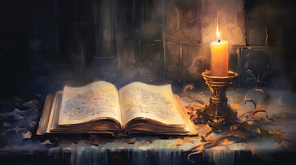 Flickering candle, illuminating an old book, gothic tale, Watercolor style