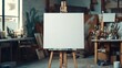 © PixelPlace - A blank canvas sits on an easel in a well-used artist's studio, surrounded by brushes and supplies, ready for creativity.