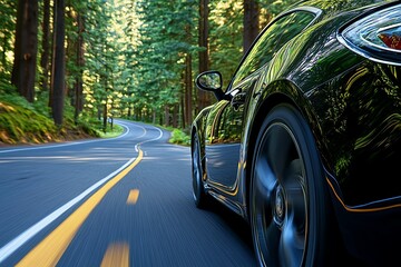 road trip with pine forest backdrop, car in motion capturing travel spirit