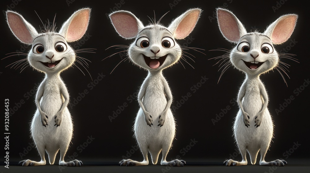 Three animated rabbits displaying different cheerful expressions. Stock ...